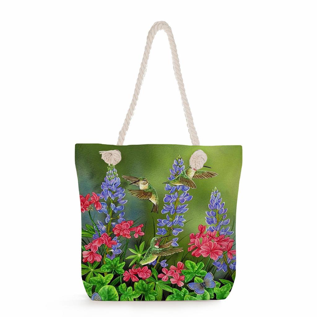 Flower Bird print thick rope single-shoulder beach bag 7272 CLE