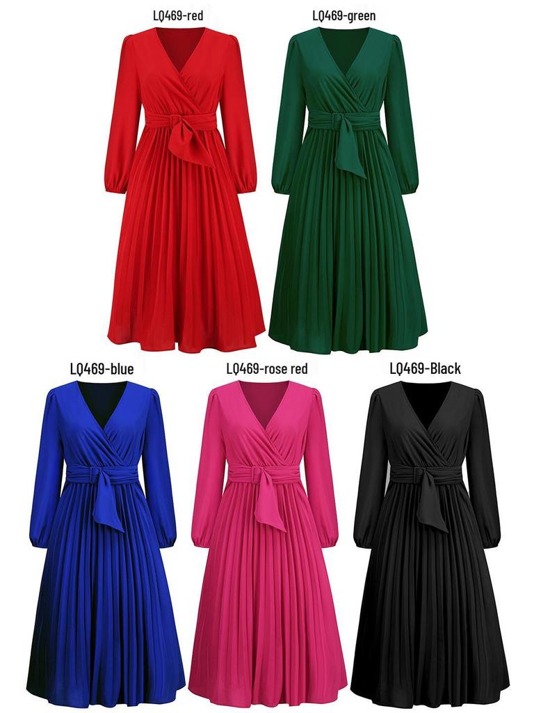 2022 European & American Slim Fit V-Neck A-Line Dress with Belt & Pleated Long Sleeves for Women