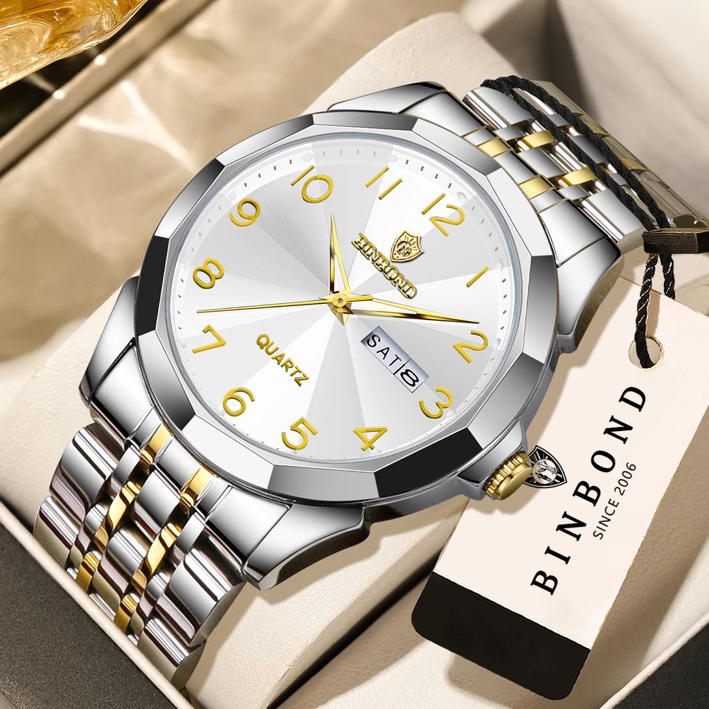 BINBOND Men's Quartz Watch Luxury Sturdy Luminous Waterproof Week Display Auto Date Accurate Stainless Steel Reloj