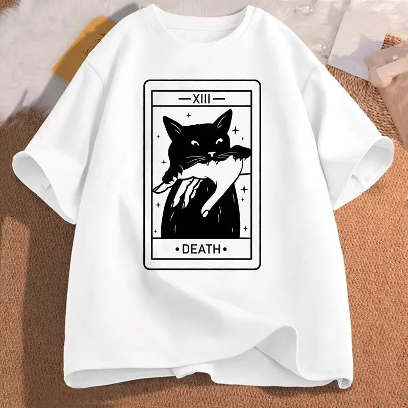 Tarot Death Witchy Cat Women Funny Tarot Card Tshirt Cat Mom Tee Shirt Crazy Lovers Cat Lady Harajuku Short Sleeve Casual S