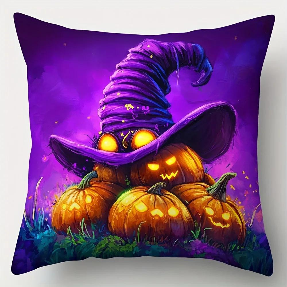 Home Decor Halloween Witch, Cats & Pumpkins Decor Pillow Pattern Cushion Cover Suitable For Sofa Bedroom Car Pillow Cover