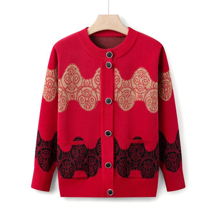 Grandma Wear Autumn Sweater Jacket Middle-aged and Elderly Round Neck Cardigan Top for Women 50 Years Old 60 Mother Fashionable Knitted Sweater