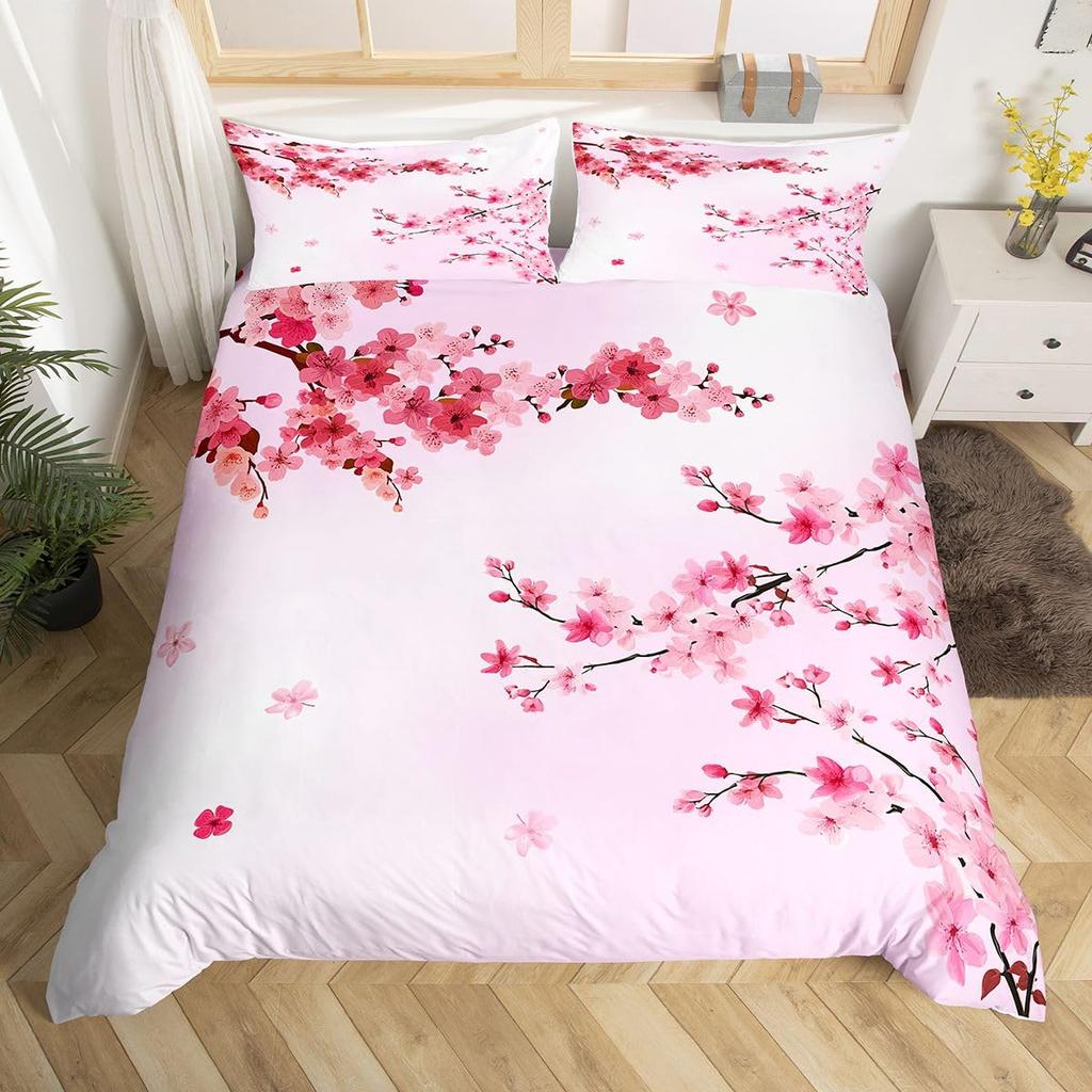 Cherry Blossoms Bedding Set for Boys Girls Japanese Style Floral Botanical Comforter Cover Twin King Sakura Flower Duvet Cover