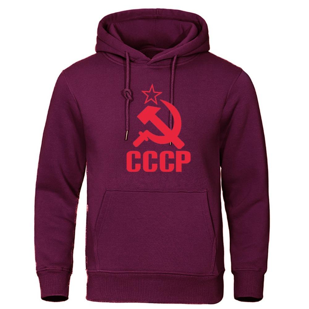 Мужская флисовая теплая толстовка с капюшоном и принтом CCCP на осень и зиму XXXL кларет