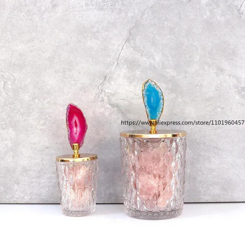 Glass Storage Jars Relief Tea Canister Candy Pot Natural Agate Stone Decorative Crystal Storage Jar with Cover Spice Organizer