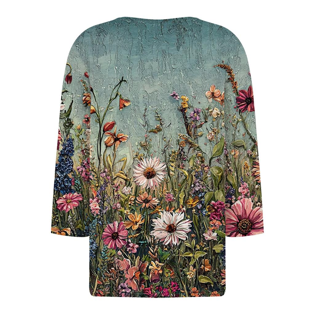 Women's T Shirt Tee Print Button  3/4 SleeveDaily Weekend Fashion Basic V- Neck Regular Top