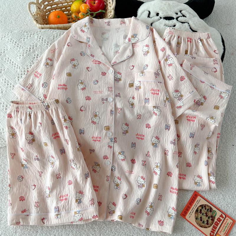Cloud Cotton Pajamas Women'S Summer Cloud Cotton Short Sleeves Sweet Loungewear Three-Piece Set
