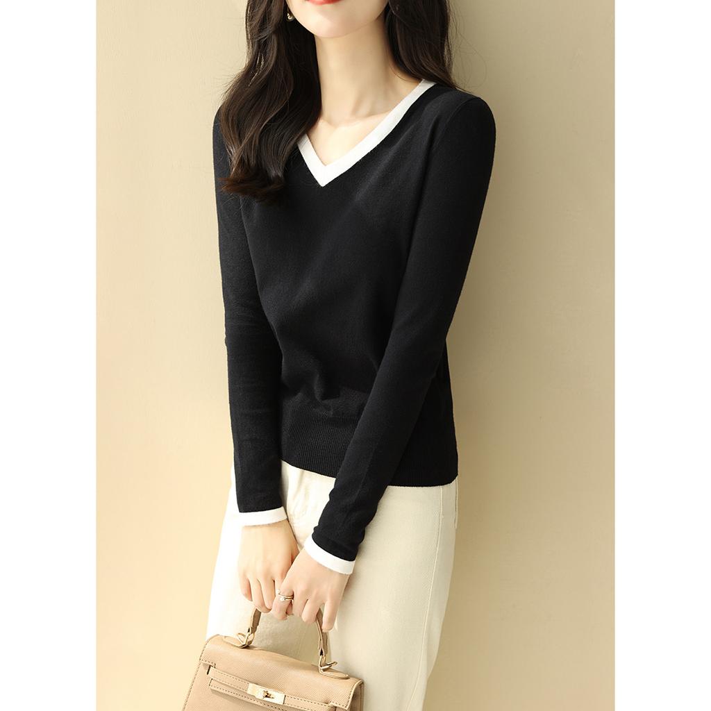 Women's Spring and Autumn Long-sleeved V-neck Knitted Colorblocking Pullover Sweater Long-sleeved Slim Bottoming Shirt