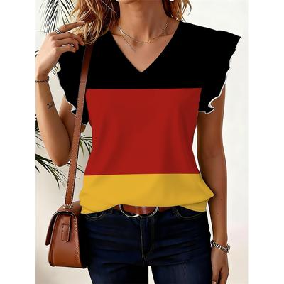 German Flag Print Striped Color-Blocking Design National Celebration Surprise Gift High-Quality Women'S All-Over Print V-Neck Top