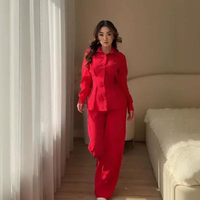 Avrupa ve Amerikan kadın giyim yeni düğmeli yaka uzun kollu bel üstü yüksek bel geniş paça pantolon moda takım