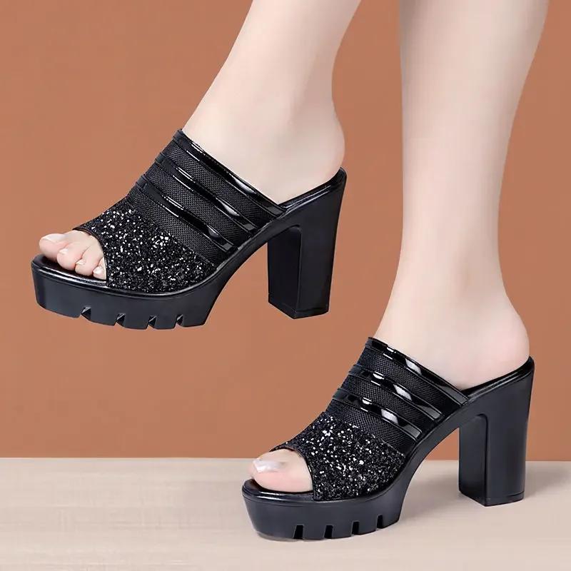 

Маленький размер 32-43 Туфли из натуральной кожи Летние шлепанцы на платформе 2025 Блестящие туфли на блочном высоком каблуке Тапочки для свадьбы, вечеринки, офиса 36 чёрный