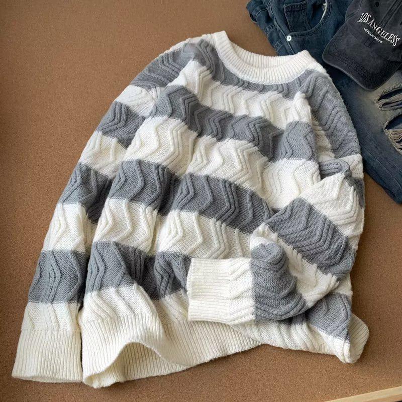 Men's Retro Striped Crew Neck Sweater - Autumn/Winter Loose Fit Knitwear in Plus Size
