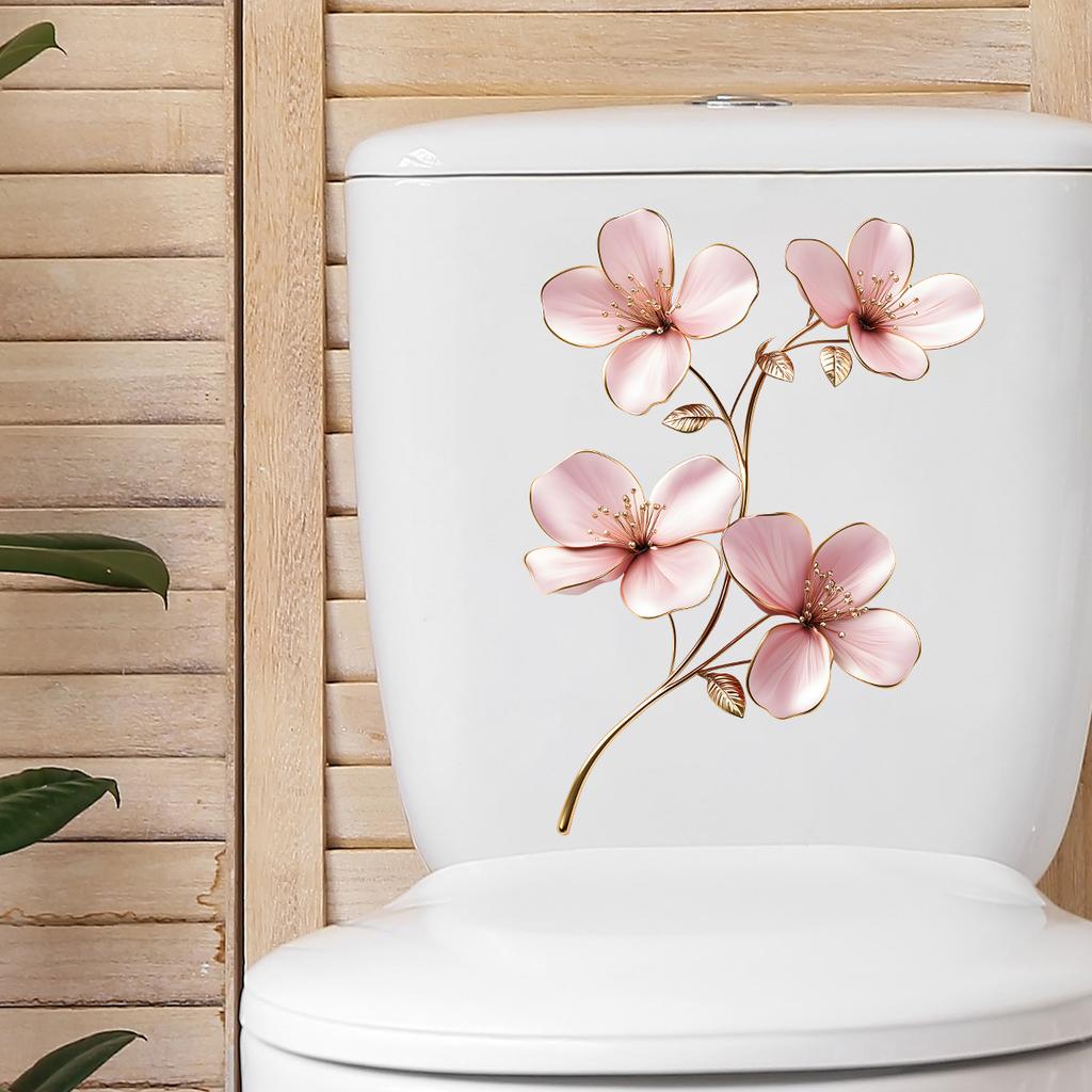 Light Luxury Style Golden-edge Pink Flower Toilet Stickers, Bathroom Wall Decorative Stickers