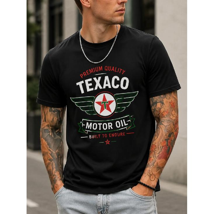 Herren Vintage Texaco Motoröl Grafik-T-Shirt, kurzärmeliges Rundhals-Baumwollshirt mit retro geflügeltem Stern-Logo, lässiger Streetwear für den Alltag