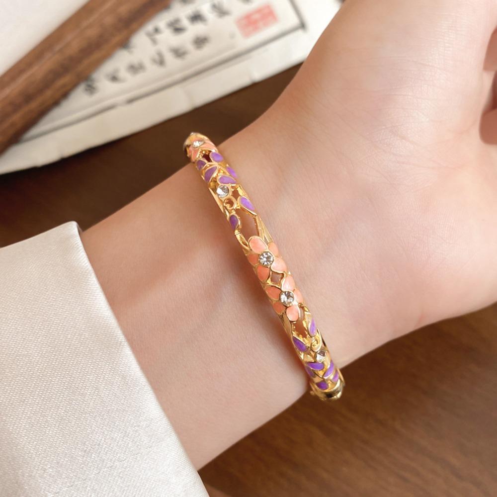 Traditional Chinese Flower Bangle Enamel Women's Hand Bracelet Vintage Cloisonne Bangle Ladies