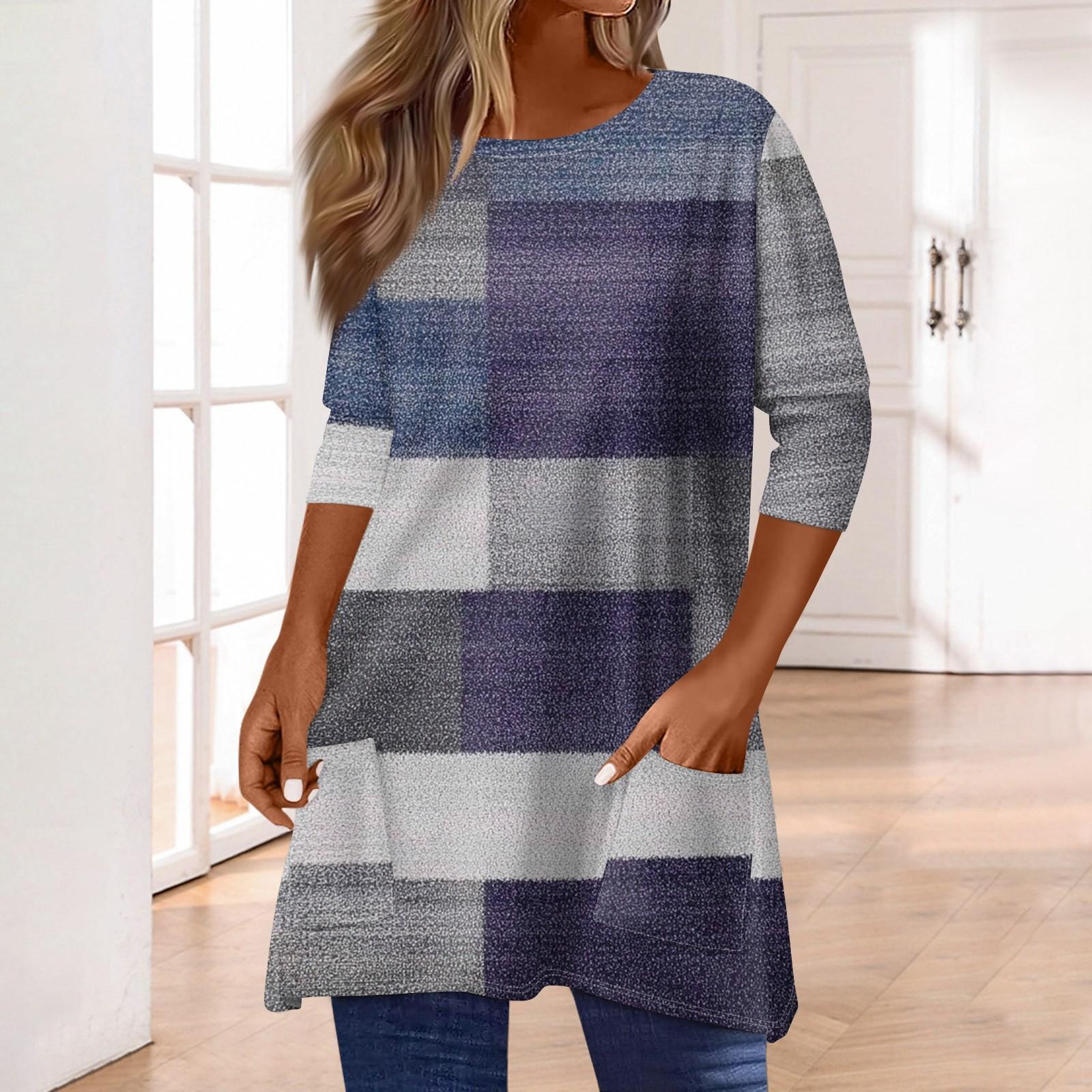 

Жіночі топи з кишенями з рукавом 3/4, футболка, повсякденний принт, топи середньої довжини, футболка, пуловер з круглим вирізом, блузка S фіолетовий