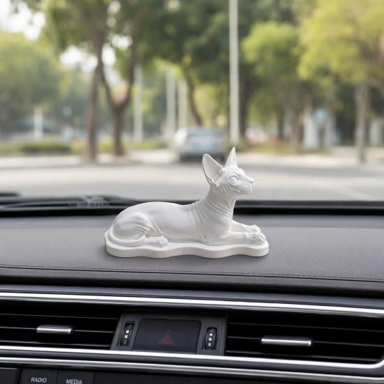 3D-gedruckte Sphinx-Katzenfigur, Realistische haarlos-Katzenstatue, Liegende Skulptur mit geschwungener stabiler Basis, Mattweißes Ornament für Schreibtischregal
