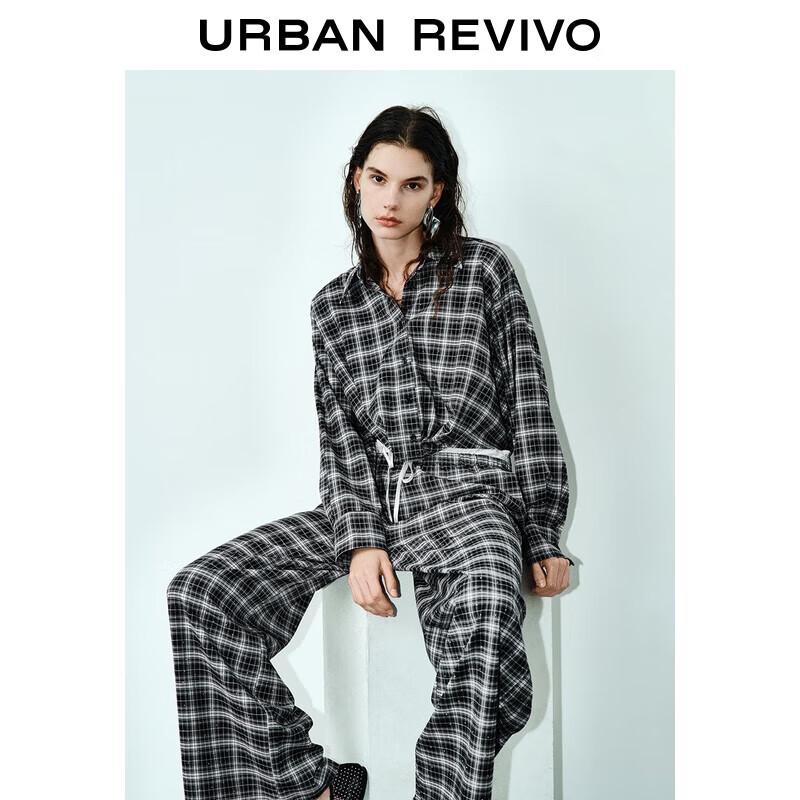 UR 2025 Autumn Plaid Hot Diamond Long Sleeve Blouse S