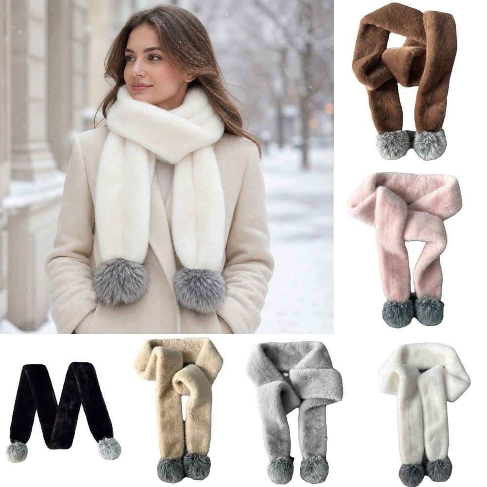 Soft Plush Pom Pom Scarf Faux Fur Neck Warmer New Plush Scarf Women