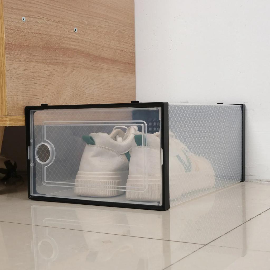Shoe Storage Box Transparent Visible Square Shoe Container Stackable Large Space Hollow Out Back Breathable Shoe Organizer