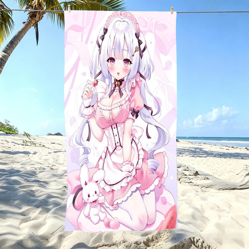 1Pc Cute Pink Anime Maid Girl Printed Beach Towel Quick Dry Sand Free Soft Microfiber Bath Towel For Kawaii Girls Swimming Pool