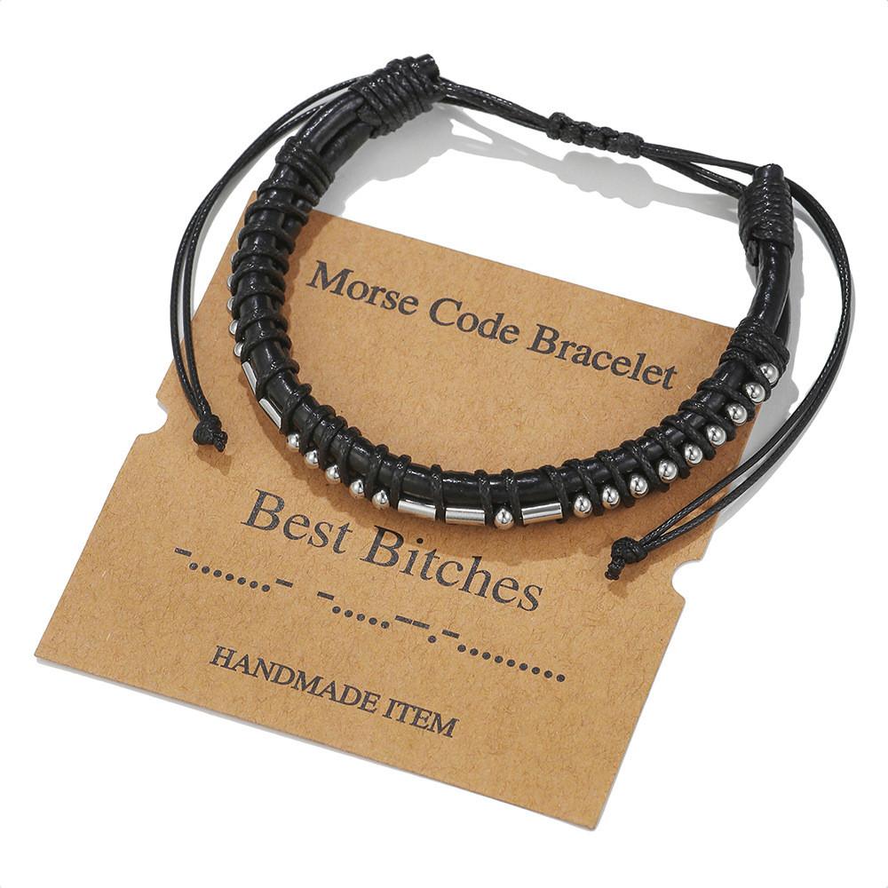 Morse-Code Lederarmband mit Edelstahl-Anhängern für Paare und als Geschenk