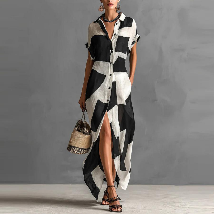 Summer New Geometric Print Shirt Dress for Women Casual Vacation Sun Protection Maxi Dress