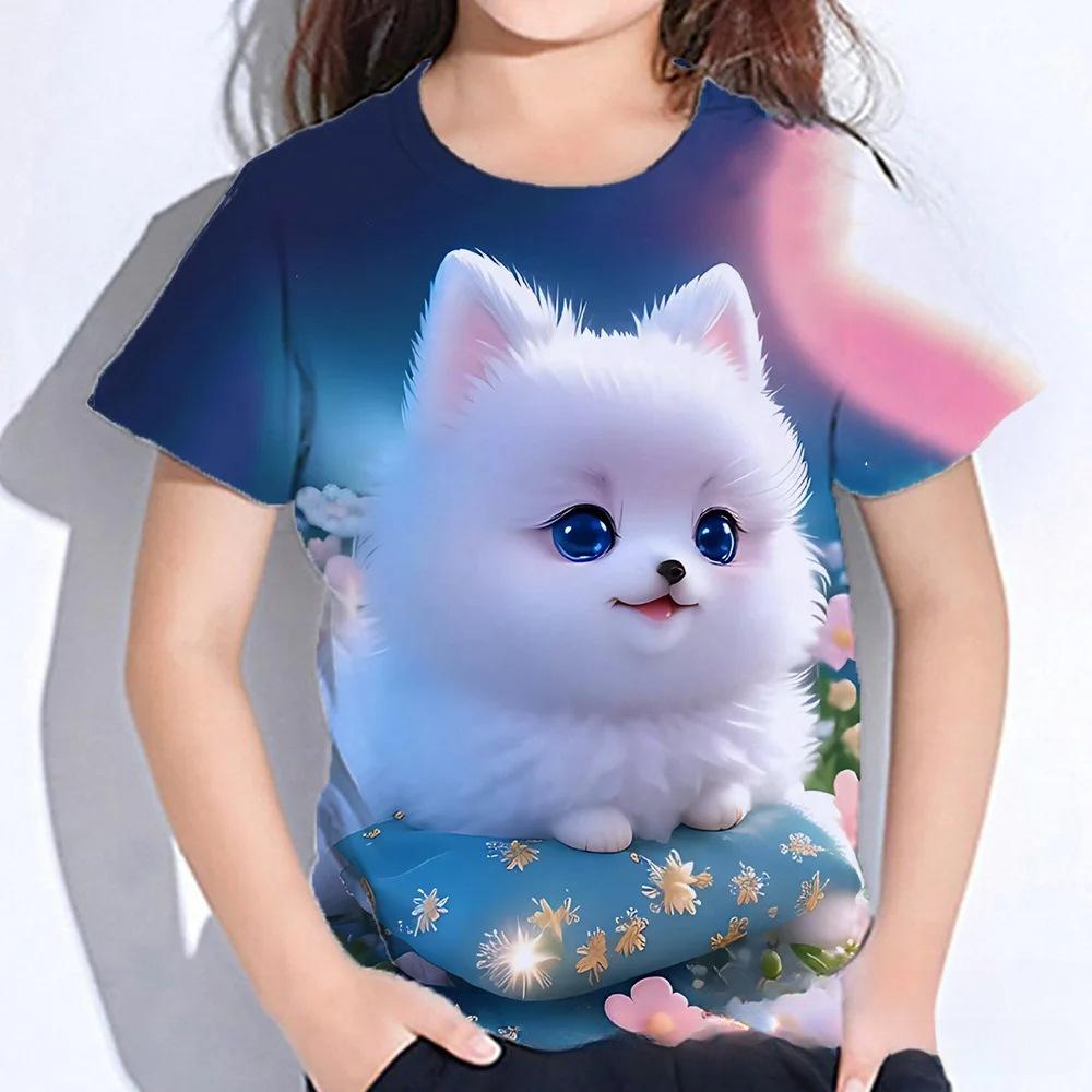 Summer Round Neck 3D Cat Printed Top Fashionable Casual Short Sleeved Children's Girl T-shirts