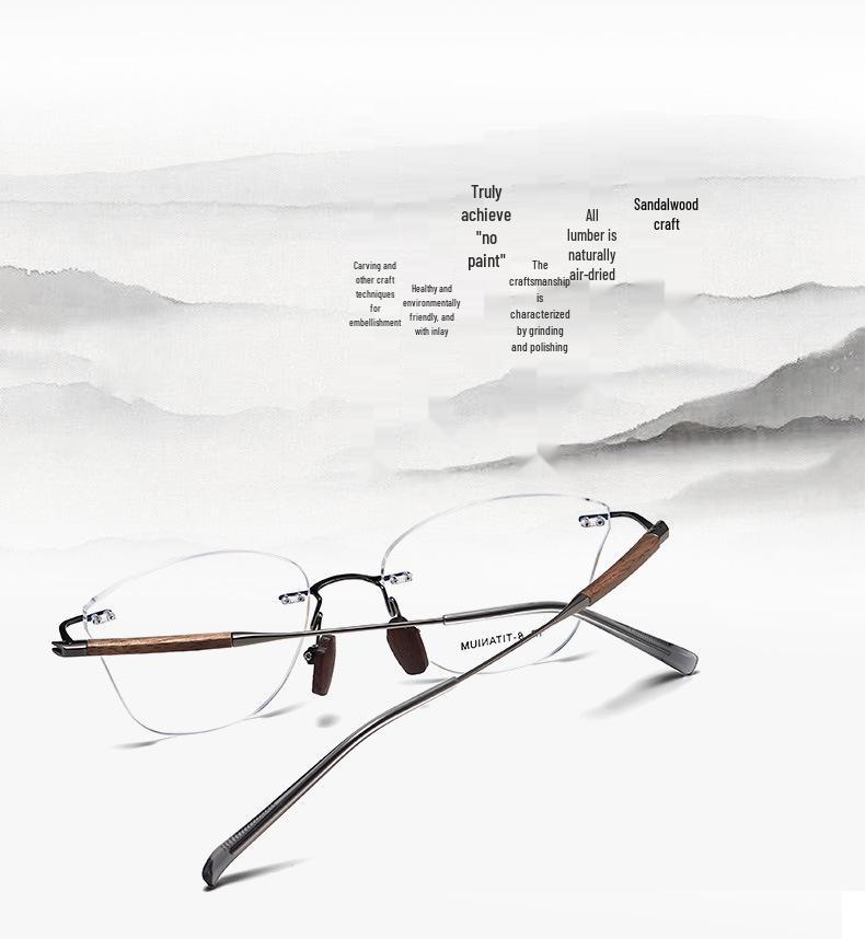 Frameless Sandalwood Glasses: Pure Titanium Butterfly Frames with Myopia-Ready Flat Lenses