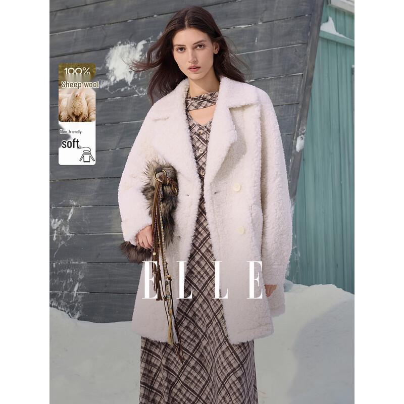 ELLE Women s 100% Lambswool French Lapel Plush Coat M