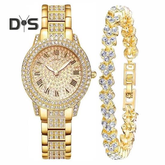 

2 шт./комплект женские часы Quart блестящие стразы круглый циферблат высокоточный механизм наручные часы с браслетом золотистый