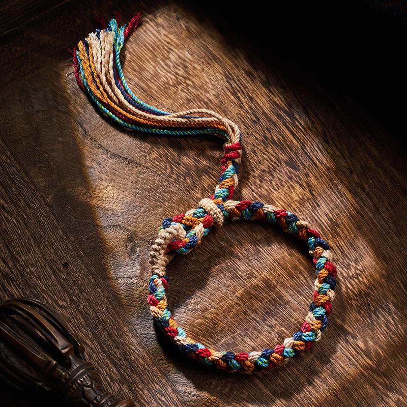 Tibetan Five-Color Handwoven Adjustable Cord Bracelet with Tassel