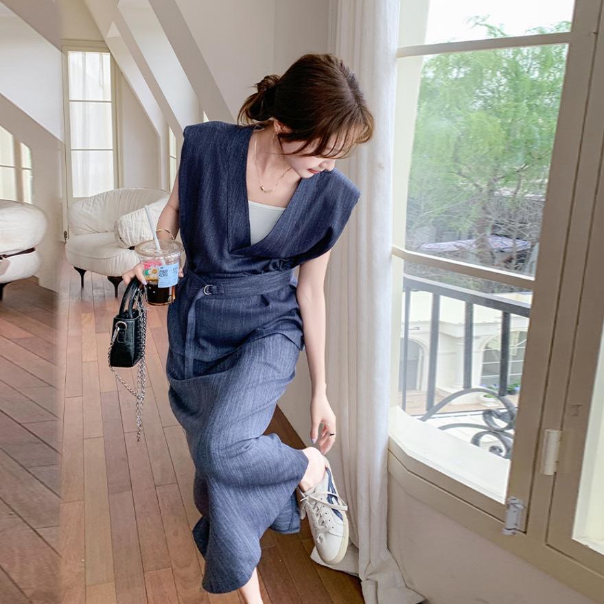 Blue old money wind loose design vest suit skirt women's summer new temperament skirt two-piece set