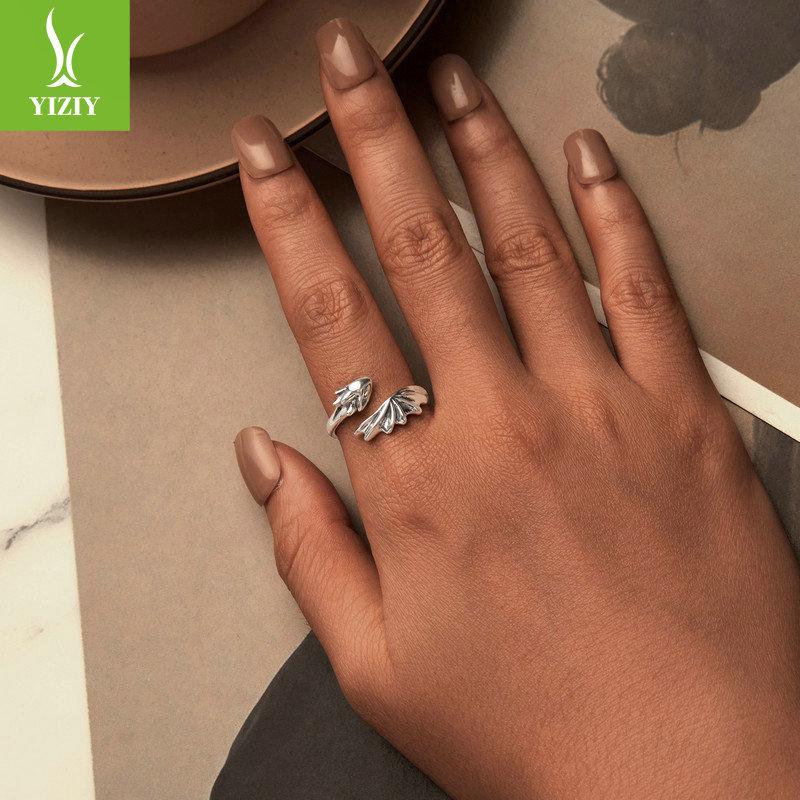 Neutral Wind Dragon Plain Silver Open Ring, Personalized Fashion Three-Dimensional Wings 925 Sterling Silver Ring
