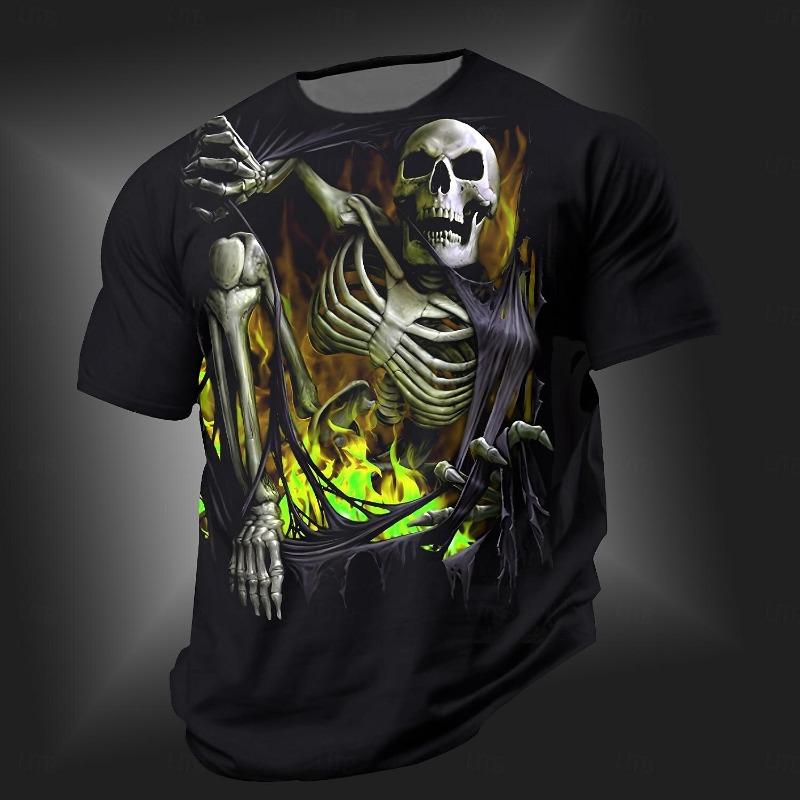 3D Gothic Totenkopf Print Herren T-Shirts Sommer Outdoor Lässig Rundhals Kurzarm T-Shirts Kreatives Persönlichkeitsdesign Herrenkleidung