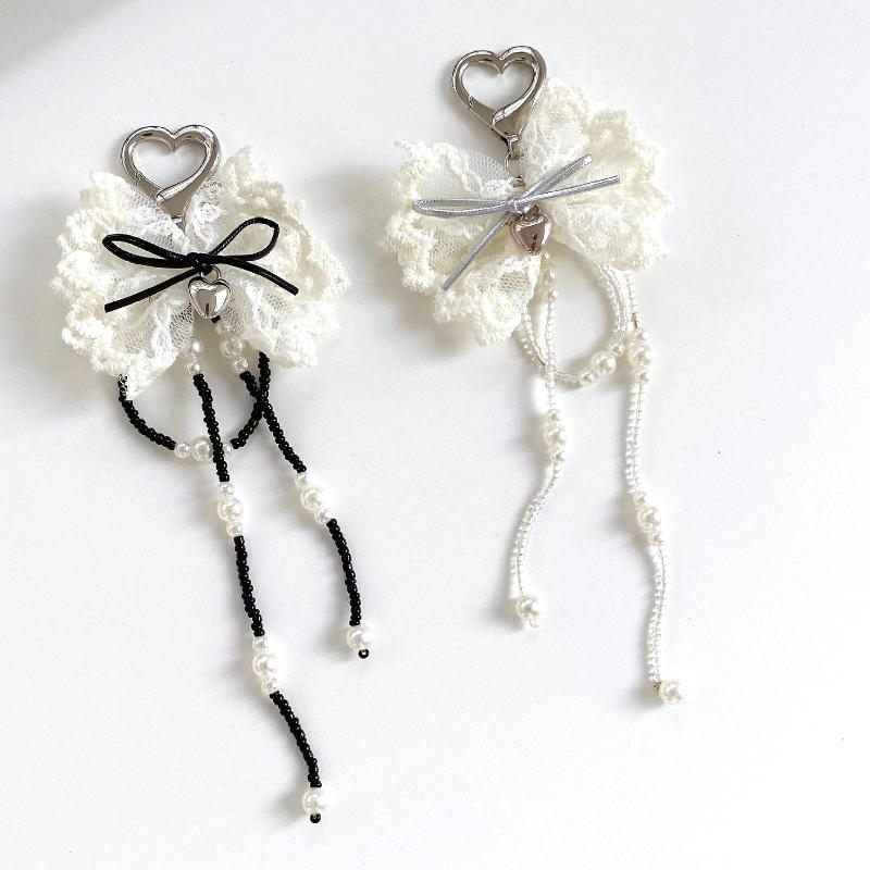 Ins Sweet Style Lace Bowknot Keychain Y2K Aesthetic Imitation Pearls Tassel Bow Keyring Exquisite  Bag Charms Key Pendant