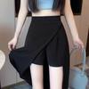 Womens Black Irregular Half Skirt With Slit In Polyester For Street Style Spring Summer
