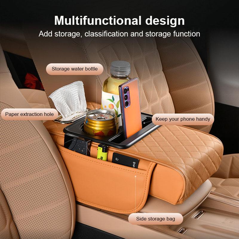 SEAMETAL 3 IN 1 Car Armrest Cushion Memory Foam Height Pad PU Leather Tissue Box with 2 Cup Holder