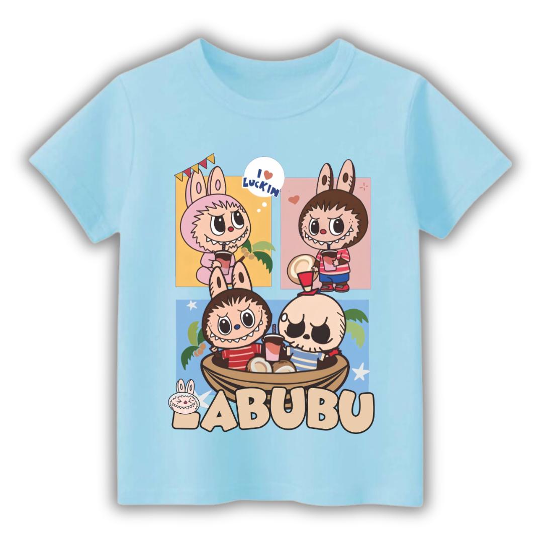 

Новая детская футболка Labubu LABUBU с узором гребли, круглым вырезом, коротким рукавом, повседневная, универсальная, топ для девочек 100