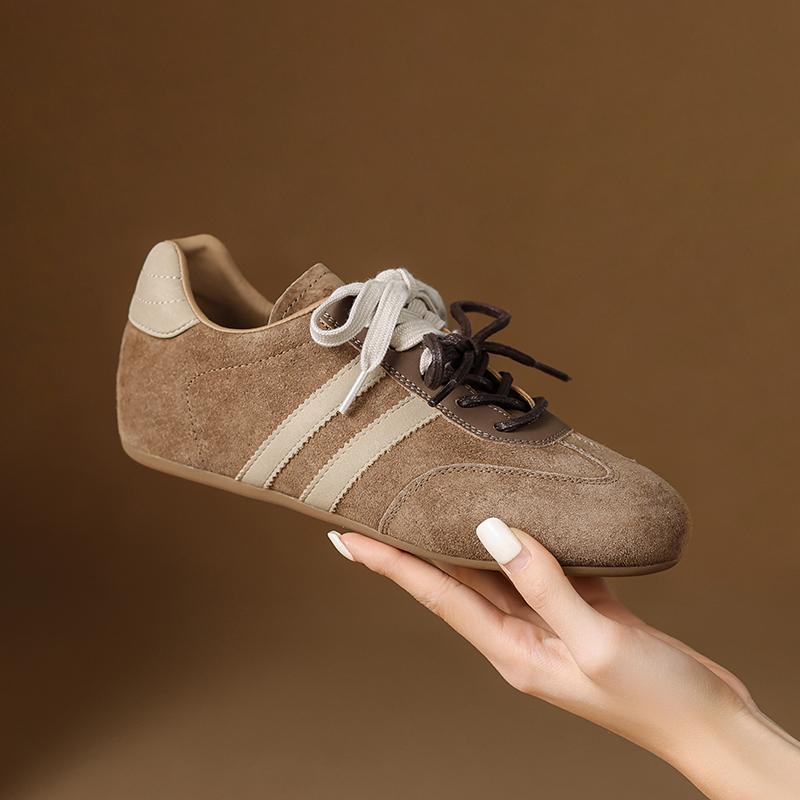 Fashion Women's Sneakers 2025 New Genuine Leather Ladies Moral Training Shoes Casual Spring Flat Shoes Women Lace-up Round Toe Pumps