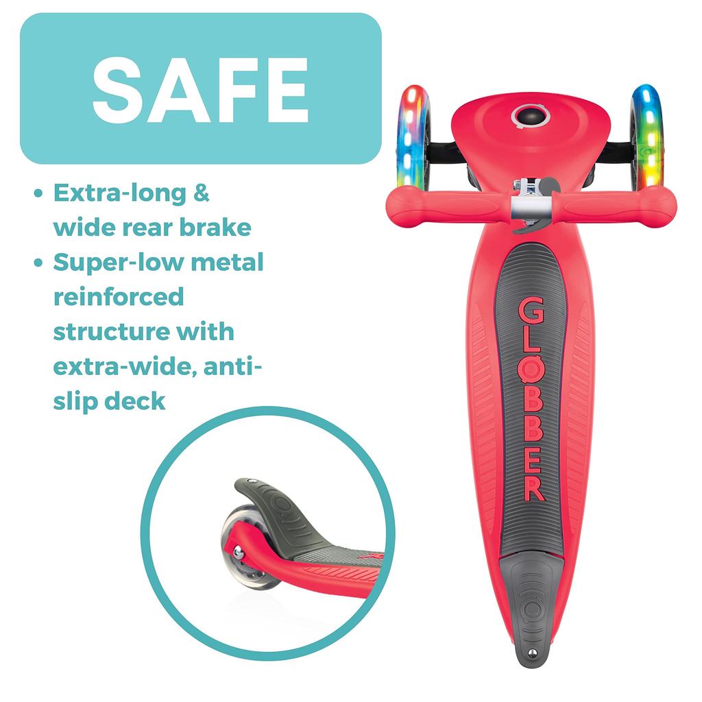 GLOBBER Primo Foldable Kick Scooter with Flashing Foot Perfect for Outdoor Kick Red Lights, 3-Wheel Brake, Play, Kids' Ride-On Scooter, (WLGB432102)