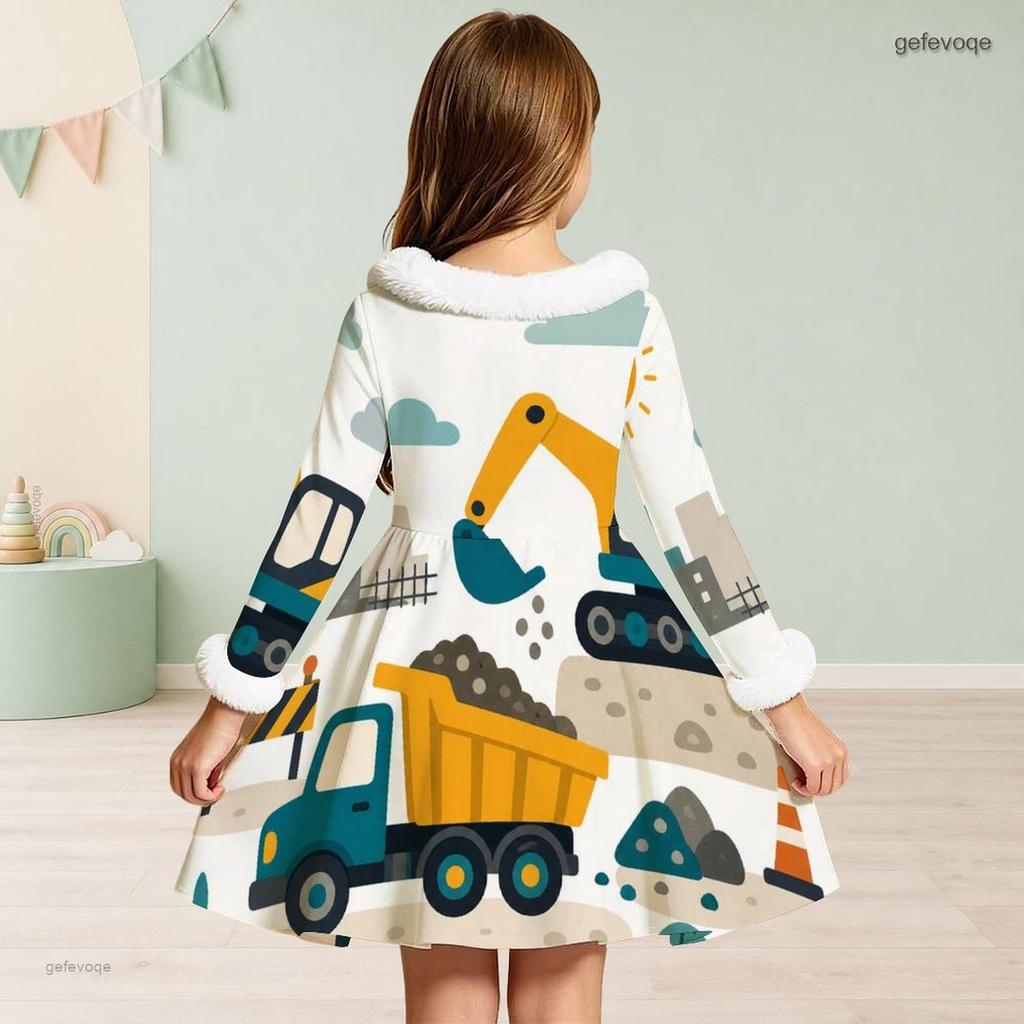 Little Girls White High Neck Fuzzy Trim Long Sleeve Tie Waist Motorcycle Printed A Line Flared Dress
