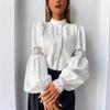 Camicetta da Donna con Pannelli in Pizzo Maniche Lunghe a Palloncino Collo Alto Elegante Camicia Traforata