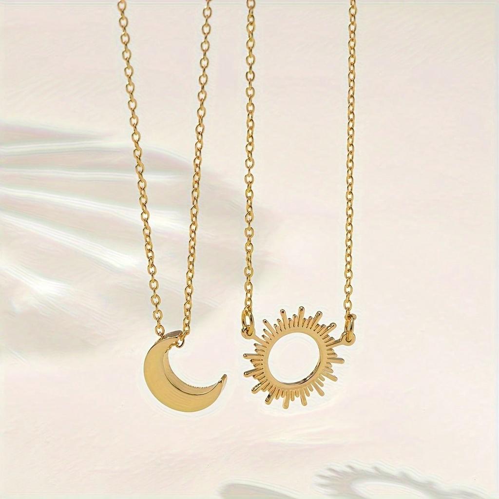 2pcs Sun & Moon Pendant Necklace Set - Vintage & Minimalist Style, Iron Crafted Bohemia Jewelry Gift, Perfect for Women Men Casual Attire