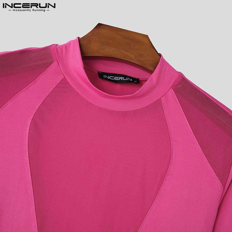 INCERUN Men Long Sleeve See Through Bodysuits Lace Mesh Patchwork Club Playsuits