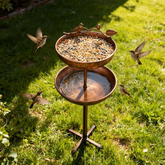 2-in-1 Vogelbad Metall Retro Vogelfutterhaus Garten Vogelbad und Futterspender mit Fünfzackfuß Große und kleine Schale für Außengarten Hofdeko