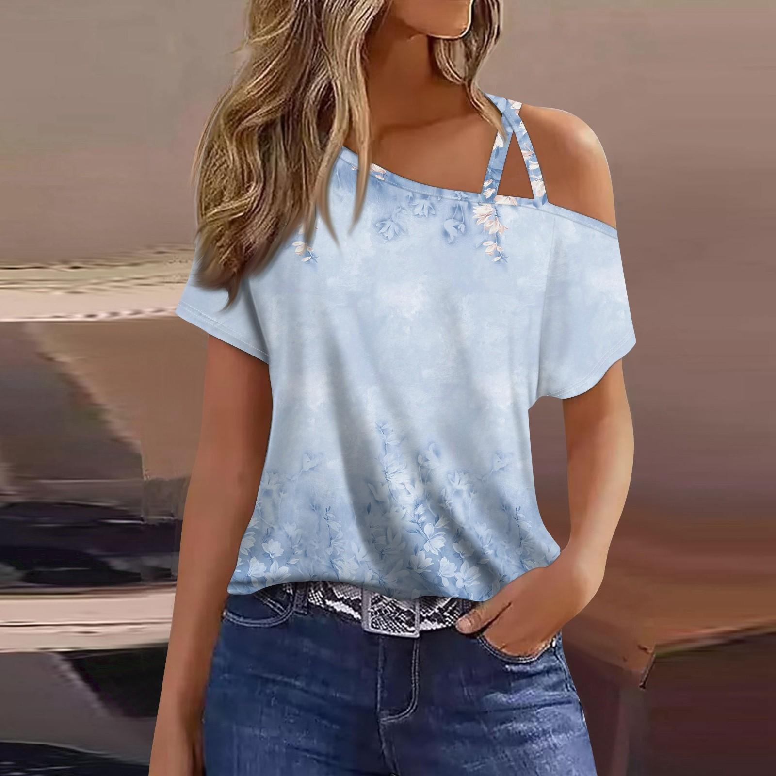 

Женская модная повседневная футболка с принтом, сексуальная футболка с короткими рукавами и открытыми плечами, топ M