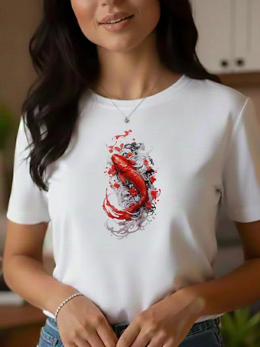 Women s red Fish print T-shirt for summer XL
