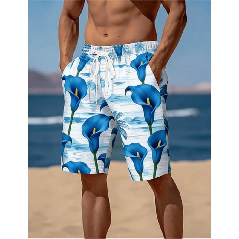 Men's Beach Shorts/Swim Trunks with a Retro Hawaiian Floral 3D Print, Perfect for Summer Outdoor Vacations and Casual Wear.