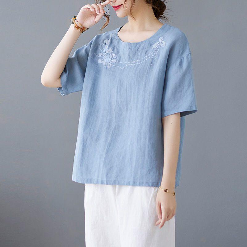 Retro Heavy Industry Embroidered Cotton Linen Short-sleeved Shirt for Women Summer Loose Slim Casual Versatile Linen T-shirt